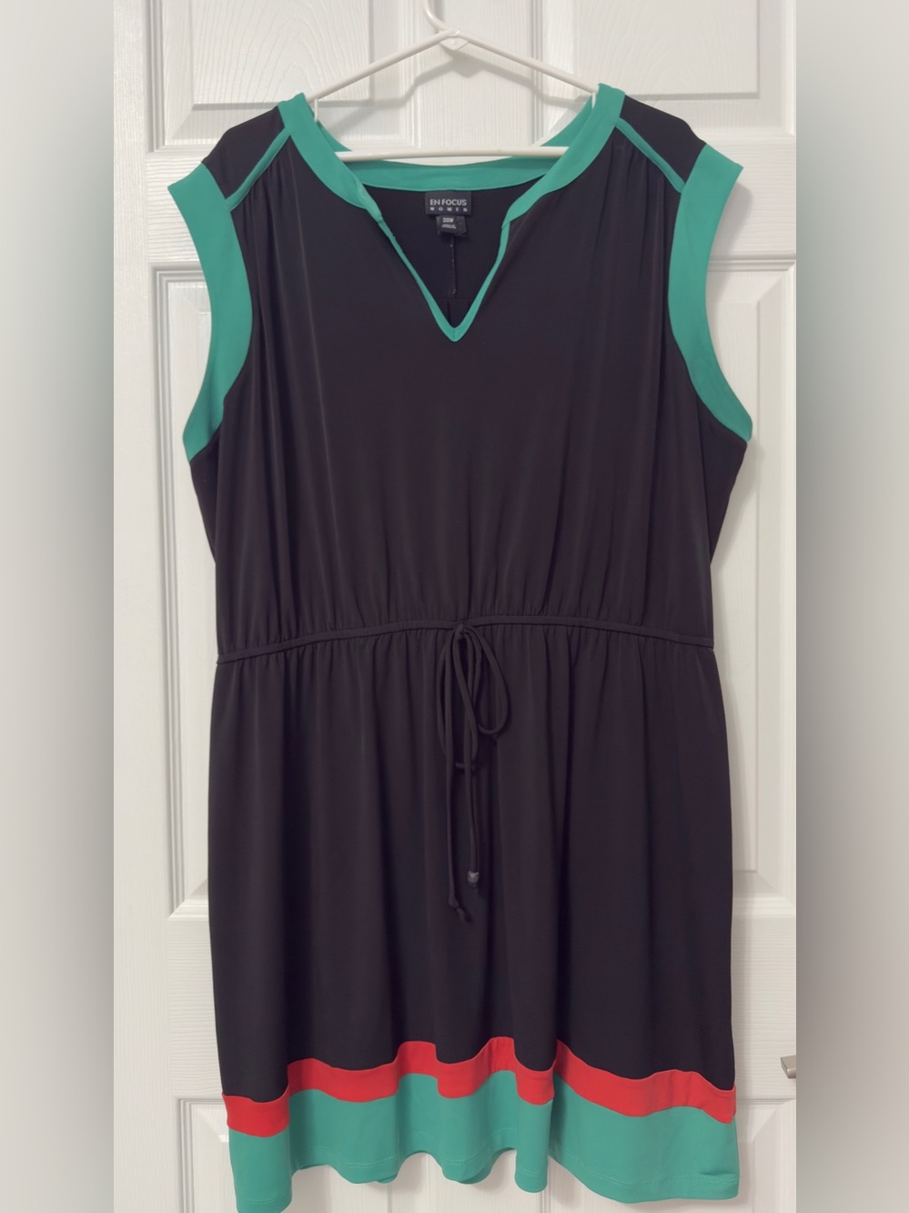 Enfocus Studio Black Sleeveless dress with Teal Trim and Coral Hem Accent